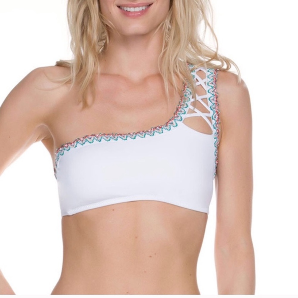 BECCA Mardi Gras one shoulder swim top